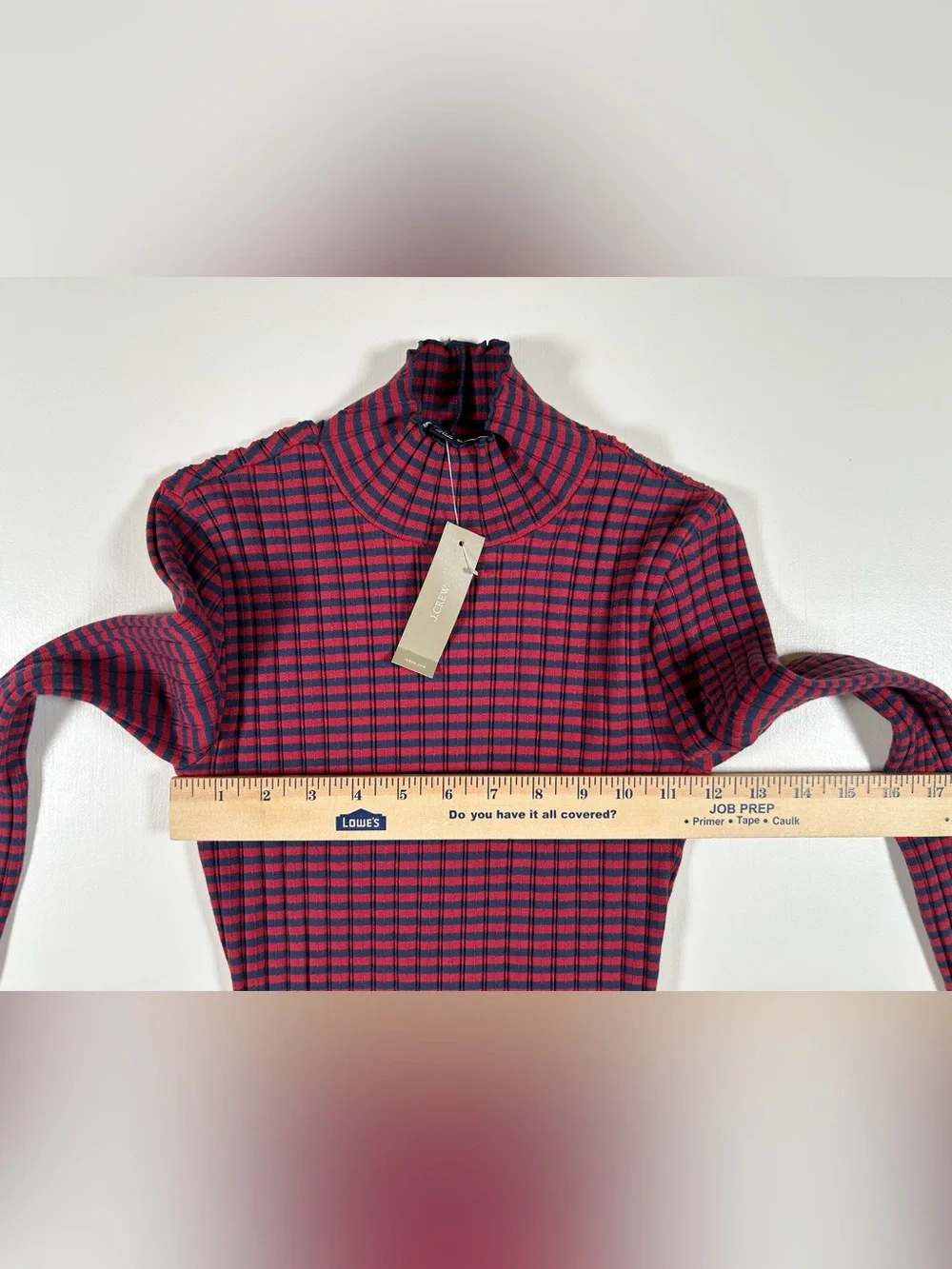 J Crew Pointelle Turtleneck Red Navy Stripe Scalloped Lettuce Trim Women’s XXS